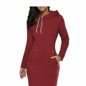 Women Long Sleeve Hoodie Hooded Mini Dress Ladies Loose Pullover Sweatshirt(RED)